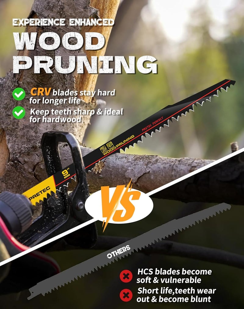 PRETEC Wood Pruning Reciprocating Saw Blades, 9 Inch Pruning Blades for Reciprocating Saw, High Carbon Steel Reciprocal Saw Blades for Tree Trimming, Wood Cutting with Organizer Case, (10 Pack/5TPI) - Image 4